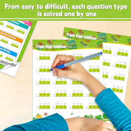 Addition and Subtraction Workbook Triple Digit Math Practice Worksheets for 2nd 3rd Grade, Addition&Subtraction Worksheets One Page A Day Math for Ages 6-9, Math Repetition Exercise Daily, 56 Pages - style: Level 4（Addition and Subtraction）