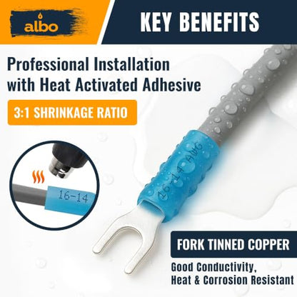 ALBO Heat Shrink Crimp Connectors (Fork 150pcs Blue #10 AWG 16-14) - color: Fork 150pcs Blue #10 AWG 16-14