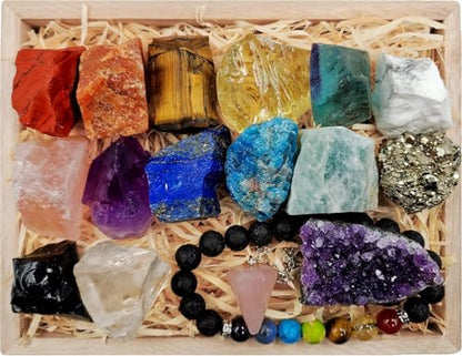 Crystals and Healing Stones Premium Kit Wooden Box - Chakra Stones Healing Crystals Set, Rose Quartz, Amethyst Cluster, Quartz Points, Chakra Pendulum (Raw Crystal Collection) - color: Raw Crystal Collection