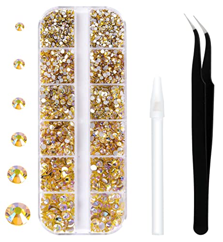 12 Grids 3792pcs Citrine AB Flatback Rhinestones Set for Nail, Art, Crafts, Makeup, Tumblers Glitter Round with Tweezers and Picking Pen(SS6~SS20) - color: Citrine AB