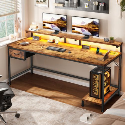 DurayLoly 55" Office Desk with Power Outlet & Fabric Drawer,Rustic Brown - color: Rustic Brown, size: 55 IN