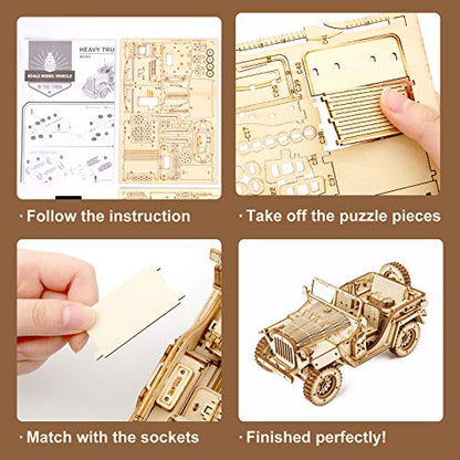 ROBOTIME Car Model Kits 3D Puzzles for Adults and Teens DIY Wooden Crafts No Batteries 1:18 Scale Model Army Field Car