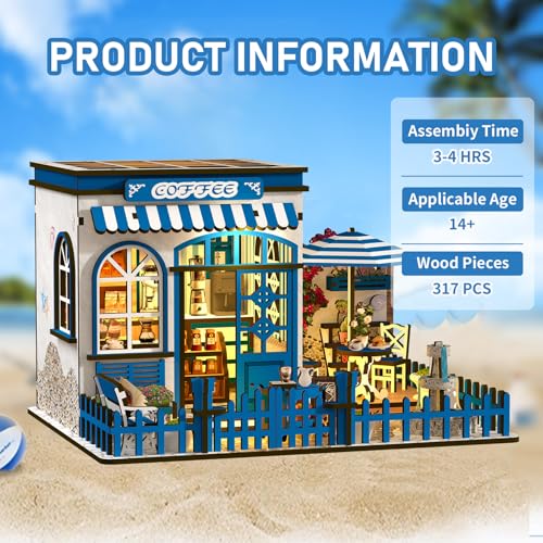 DIY Miniature Dollhouse Kit with Touch LED Light, 3D Wooden Puzzle Santorini Cafe Model, Creative Ocean Style Building Set, Arts and Crafts Gift for Adults (317 Pcs) - style: Mediterranean, Santorini Style