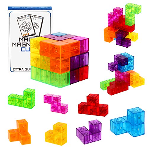 Magic 3D Puzzle Cubes, Set of 7 Multi Shapes Magnetic Blocks with 54 Guide Cards, Intelligence Developing and Stress Relief Fidget Toys