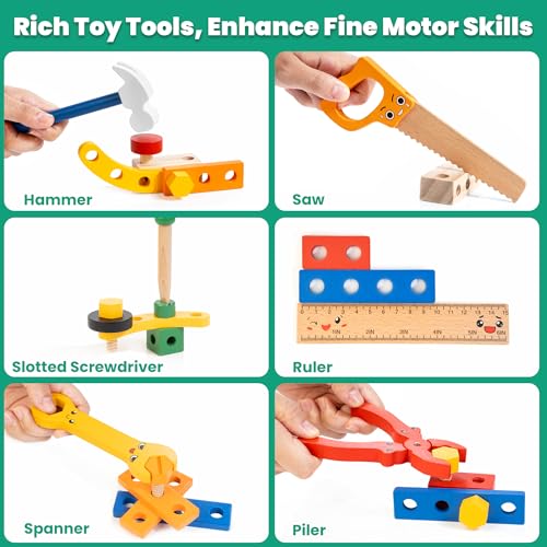 WOOOMAM Kids Tool Set, 90 PCS Wooden Toddler Tool Set with Box and Flash Cards, Tool Kit for Kids Age 3-5 Years, Toddler Boy Toys, FSC Certified Material - style: Deluxet