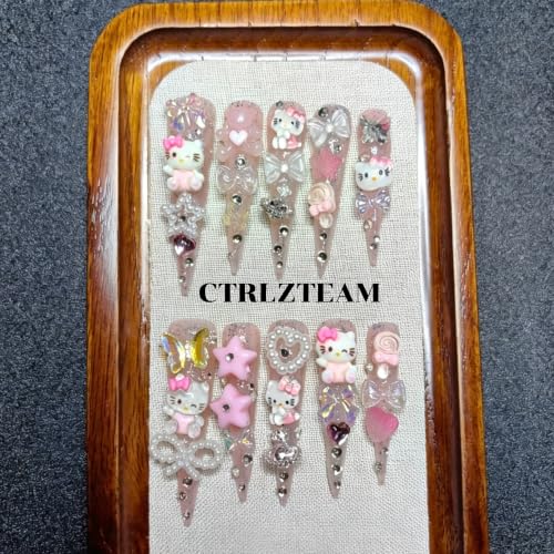 CTRLZTEAM Y2K Kawaii Press on Nails Extra Long Stiletto Pink Glitter Nails - color: Jelly Pink, size: S