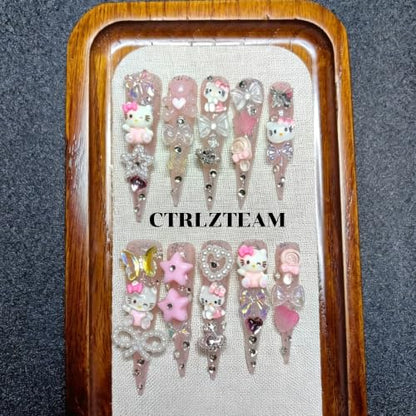 CTRLZTEAM Y2K Kawaii Press on Nails Extra Long Stiletto Pink Glitter Nails - color: Jelly Pink, size: S
