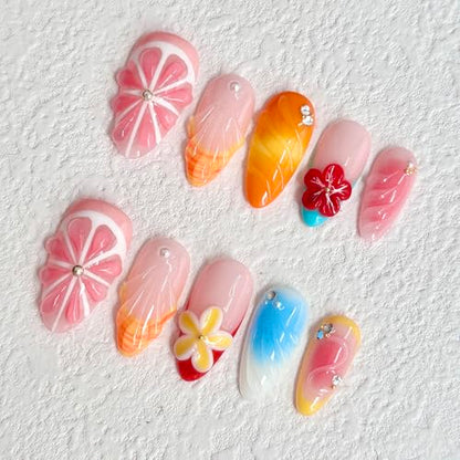 Luxury Press on Nails Medium Almond Handmade 3D Unique Reusable ABS Material Fake Nails Pink Grapefruit False Nails with Designs Red Flower Shell Art Petal Glossy Glue on Nails Thick Acrylic Nails(S) - color: N01, size: S