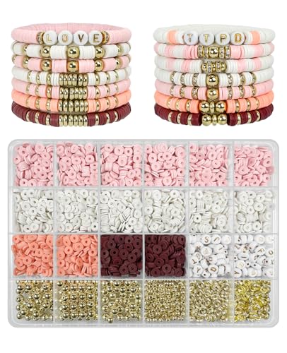 ClaBead Bracelet Making Kit - 3200Pcs Clay Beads With Gold and Letter Beads for Friendship Bracelets (Cute Pink) - color: Cute Pink