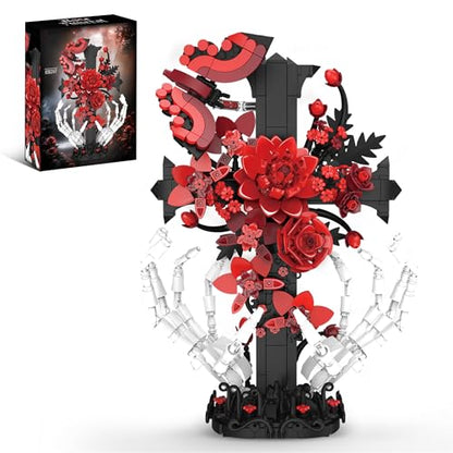 chanbrick Jesus Cross Building Set with Flower & Skull Hand for Adults, Gothic Crucifix Rose Skeleton Collectible Model for Women Home Art Decor, 800+ Pieces