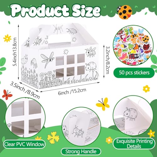28 Pack Bug Hotel Box Color Your Own Cardboard Bug Catchers with Stickers, DIY Insect Critters Collection Gable Box with Window for Spring Summer Garden VBS Crafts Party Favors