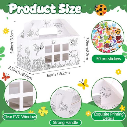 28 Pack Bug Hotel Box Color Your Own Cardboard Bug Catchers with Stickers, DIY Insect Critters Collection Gable Box with Window for Spring Summer Garden VBS Crafts Party Favors