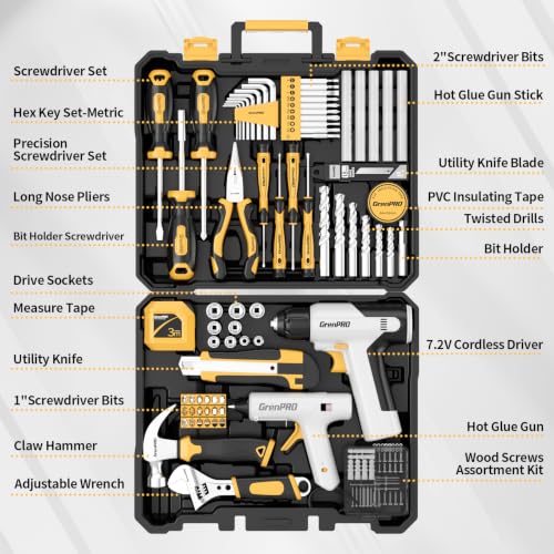 GRENPRO 188PCS Yellow Cordless Drill Tool Set For Men Tool Kit For Home Box - style: Yellow Power Drill Set 188PC