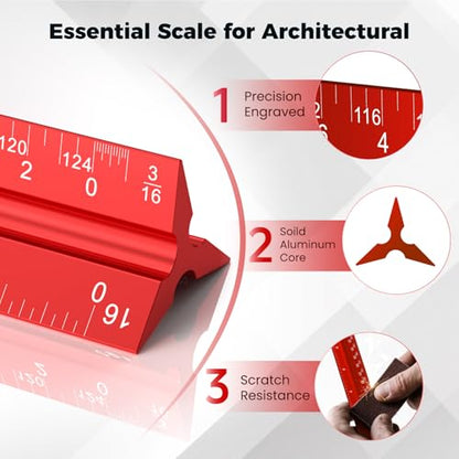Rena Chris Architectural Scale - 12" Aluminum Triangular Scale Ruler (Red) - color: Red