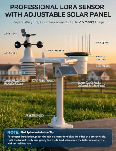 4900FT WiFi Smart Weather Stations Wireless Indoor Outdoor, LoRa Based Wireless Weather Station with 7.4” HD Display, 7-in-1 Solar Sensor, Thermo-Hygro Sensor, Bird Spike - (2.4GHz WiFi Only)