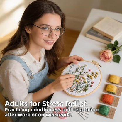 Herdiese Embroidery Kit for Beginners & Adults, 3PCS Floral Patterns. - color: Flower-C (3 Pack)