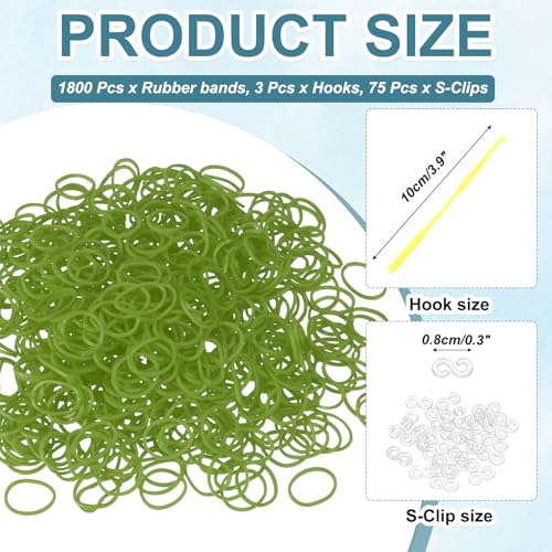 MECCANIXITY 1800 Pcs Loom Rubber Bands Kit with 75 Pcs S-Clips 3-Hooks Rubber Bands Refill Bracelet Making Kits for Weaving DIY Handcrafts Gift, Green - color: Green