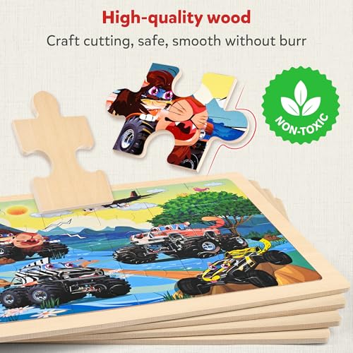 SYNARRY Large Wooden Monster Truck Puzzles for Kids Ages 4-6, Kids Gifts - style: Vehicle