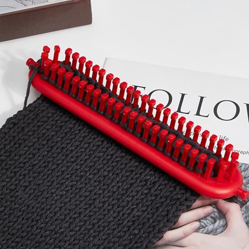 Dense Teeth Rectangle Knitting Looms，Plastic Weaving Looms Set，Weaving Loom，Scarf Hats Making Tools，DIY Crocheting Handmade Craft Kit with a Crochet Hook and Needle for Knitting Lovers，26 cm (Red) - size: Rectangle,26cm,Close Pegs