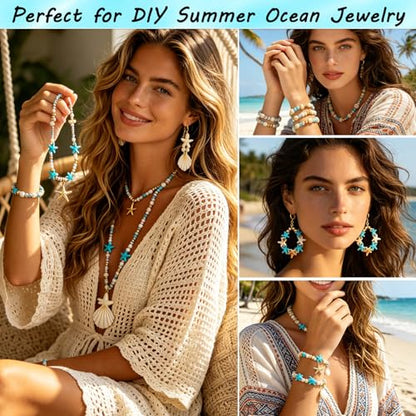 1770Pcs Ocean Theme Beads Kit for Jewelry Making, Blue White Summer Beach Seashell Charms Sea Turtle Starfish Shape Beads 4mm Sea Glass Chips for DIY Bracelets Necklace Anklet Earrings Keychain Crafts - color: Beige-Brown