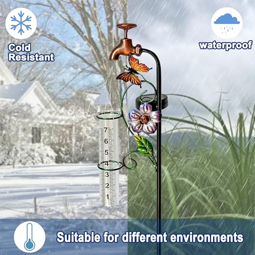 37in Solar Butterfly Rain Gauge Copper Faucet Metal Garden Stake Decor - color: Bronze Faucet