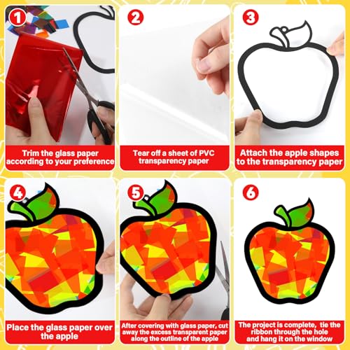 QOUBAI 32 Sets Apple Suncatchers Craft Kit DIY Window Stained Glass Effect Fall Apples Paper Craft for Home School Classroom Decor Kid Birthday Gifts Creative Art Projects Activity Game - style: Apple