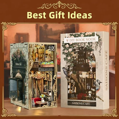 MiniCity Book Nook Kit, DIY Miniature Dollhouse Book Nook Kit with Dust Cover and LED Light (Saisons Café) - color: Saisons Café