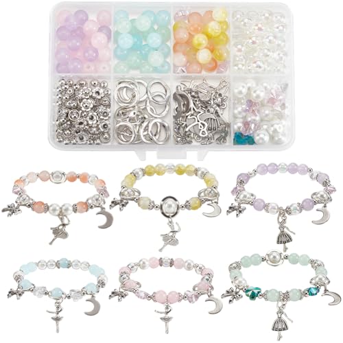 SUNNYCLUE 1 Box 280pcs DIY 6 Sets Glass Bead Bracelet Making Kit Dancer Charms Ballet Dance Bowknots Moon Light Sea Green Electroplate Butterfly Bead With Silver Heart Frame For Jewelry Making Starter - style: Dance 3