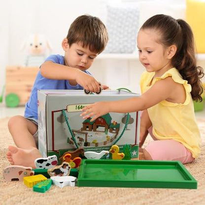 Wondertoys 164 Pcs Wooden Log Set Ranch Real Wood Logs Classic Building Log Ages 3+ Best Retro Farm Building Gift Set Creative Construction Engineering Educational Gifts - style: 164PCS Ranch