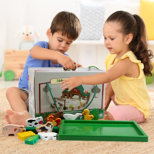 Wondertoys 164 Pcs Wooden Log Set Ranch Real Wood Logs Classic Building Log Ages 3+ Best Retro Farm Building Gift Set Creative Construction Engineering Educational Gifts - style: 164PCS Ranch