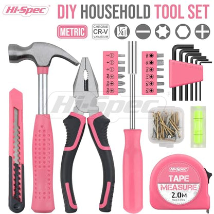Hi-Spec Tool Set 25pc Pink Household DIY Tool Kit for Women. Small Mini Tool Box Set of Starter Basic Ladies Tools - color: Pale Pink