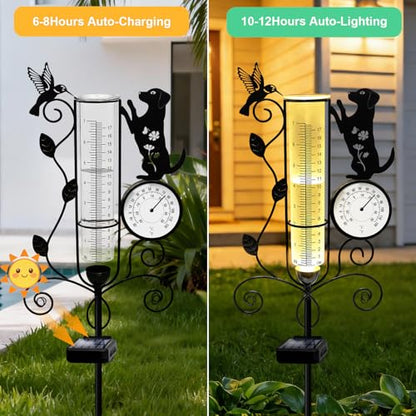 YJFWAL Metal Dog Solar Rain Gauge Outdoor with LED Light and Thermometer - color: Dog