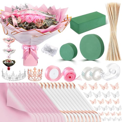 XunYee Bouquet Kit 20 Sheet Flower Wrapping Paper 100 Pcs Bamboo Skewers Floral Foam Blocks for Anniversary Birthday Gift Graduation Mother's Day(White, Solid Pink) - color: White, Solid Pink
