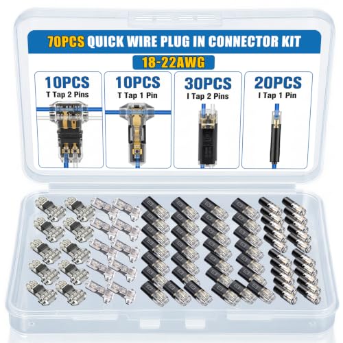 70Pcs Wire Connectors Kit for 18-22 AWG,Low Voltage Quick Double Wire Plug in Connector,Solderless No-Stripping T Tap Wire Connector,3-Way 2-Pins and 1-Pin,2-Way 2-Pins and 1-Pin Splice Terminals - color: 18-22AWG Black1