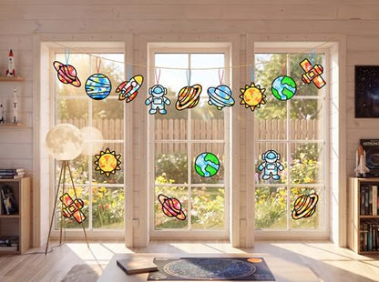 Renbuzhu 48PCS Solar System Space Paper Suncatchers DIY Project Kits, Back to School Window Stained Glass Effect Art Supplies for Party - style: space