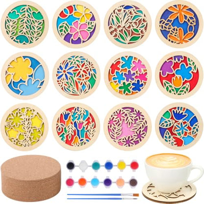 Reallnaive Wood Coasters Painting Kit DIY Craft, 12 Pcs, Floral - style: Floral