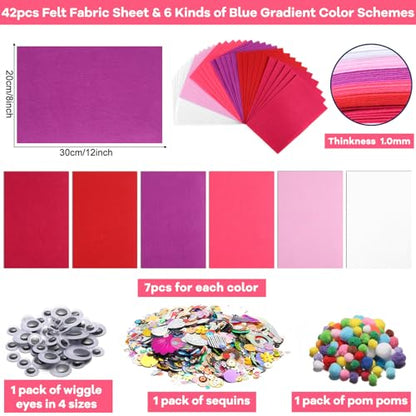 gisgfim 42Pcs Valentine's Day Pink-Purple Felt Fabric Sheet Craft Kit 8 x 12 Inch Assorted Soft Pink Felt Pack with Wiggle Eye Stickers Pom Poms Glitter Craft Supply for DIY Sewing Creative Art Deco - style: Valentine's Day Series