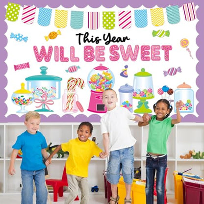 QOUBAI Candy Bulletin Board Set Sweet Theme Classroom Bulletin Board Decorations Pink Gumball Machine Cutouts Classroom Decorations for Back to School Office Home Chalkboard Decor Wall Door - style: Candy