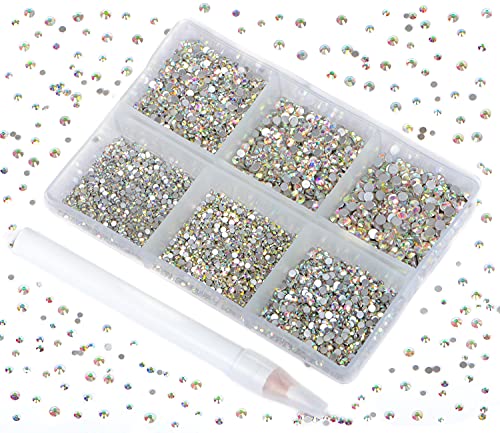 Bymitel 7200 Pieces 6 Mixed Sizes Glue Fix on Glass Rhinestones Round Crystal Gems Flatback for DIY Jewelry Making with one Picking Pen (6-Sizes 7200PCS, Crystal AB) - color: Crystal AB, size: 6-SIZES 7200PCS