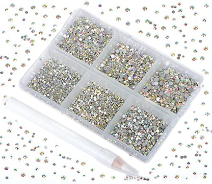 Bymitel 7200 Pieces 6 Mixed Sizes Glue Fix on Glass Rhinestones Round Crystal Gems Flatback for DIY Jewelry Making with one Picking Pen (6-Sizes 7200PCS, Crystal AB) - color: Crystal AB, size: 6-SIZES 7200PCS