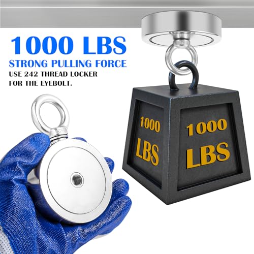 VNDUEEY 1000LBS Magnet Fishing Kit, 2.95" Double Hole Fishing Magnet Kit with Rope, Strong Magnets for Retrieving in River Lake Beach and Lawn, Includes 65Ft Rope, Carabiner, Gloves, Grappling Hook - size: 2.95" 1000LBS, style: Double Hole Kit