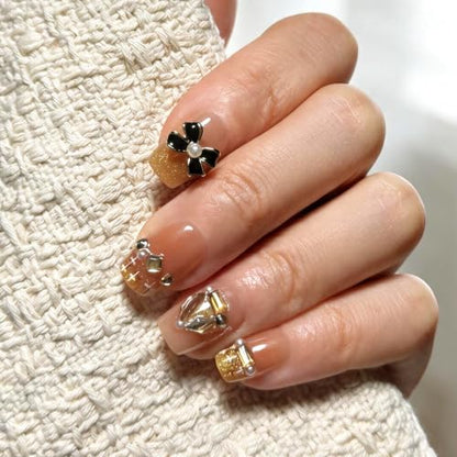 6 Packs (144 Pcs) | Reusable Press on Nails | cute nails | 6-Style Bundle | 12 Sizes | Each Style 24 Pcs | Black Gold Bow Heart - color: Black Gold Bow Heart
