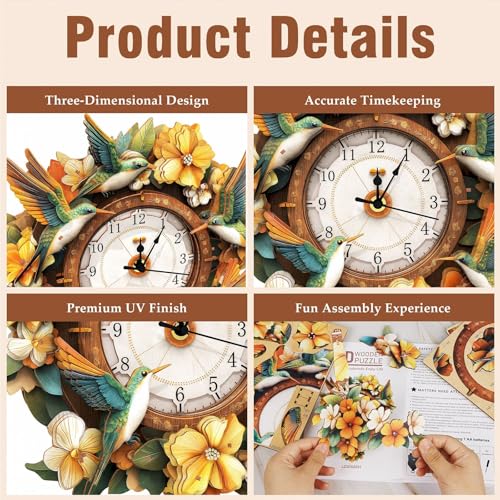 3D Puzzles for Adults, Hummingbirds Wall Clock 3D Wooden Puzzles Clock Kits for DIY Birthday Gift for Women Men Home Decor Holiday Christmas - color: Hummingbirds