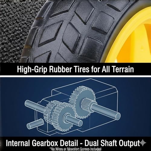 4 Sets TT Motor and Wheels Kit: DC 3V-6V Dual Shaft Gear Motor 200RPM 1:48 Ratio with 65mm Rubber Tires for Arduino Smart Car Chassis, DIY STEM Robotics Projects (No Wires Included)
