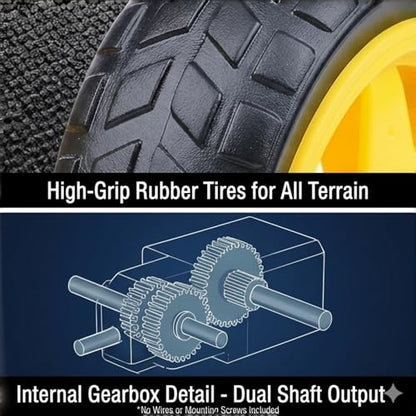 4 Sets TT Motor and Wheels Kit: DC 3V-6V Dual Shaft Gear Motor 200RPM 1:48 Ratio with 65mm Rubber Tires for Arduino Smart Car Chassis, DIY STEM Robotics Projects (No Wires Included)