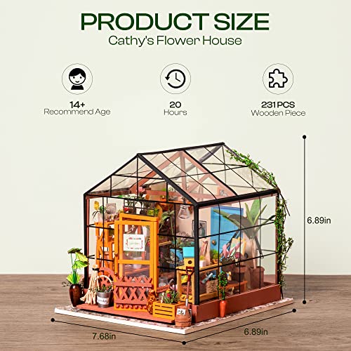 ROBOTIME DIY Miniature House Kit Mini Green House Tiny Dollhouse Wooden Furniture Kit with LED Halloween/Christmas/Birthday Gifts for Adults (Cathy's Greenhouse) - color: Cathy's Flower House
