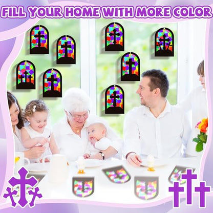QOUBAI 32 Sets Cross Suncatchers Craft Kit DIY Religious Window Stained Glass Effect Christian VBS Paper Hanging Ornament Kid Easter Sunday School Birthday Gift Creative Art Project Activity Game - style: Window Cross