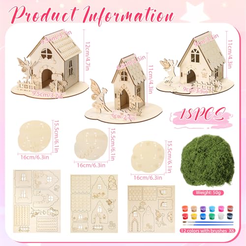 DoubleFill Wooden Fairy House Craft Kit with Paints, 18 Sets, Cute Tall - style: Cute Tall