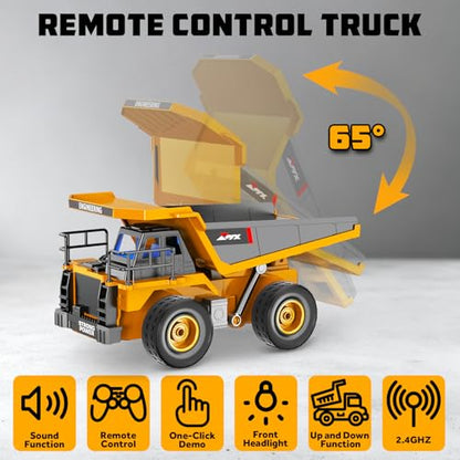 Remote Control Excavator and Dump Truck Toy Set for Kids, 2.4GHz RC Construction Vehicles with Light, Sound Effects, Metal Bucket, Claw and Drill Attachments, Engineering Truck Toys for Boys and Girls