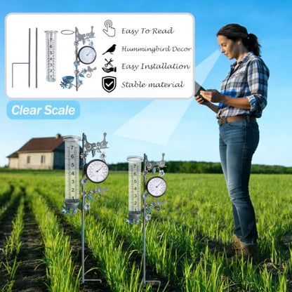 Rain Gauge Best Rated with Thermometer, Freeze Proof & Weatherproof - color: Bird & Flowe (Blue)